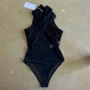 Zara black sheer bodysuit with crossover detail in the front and high neck